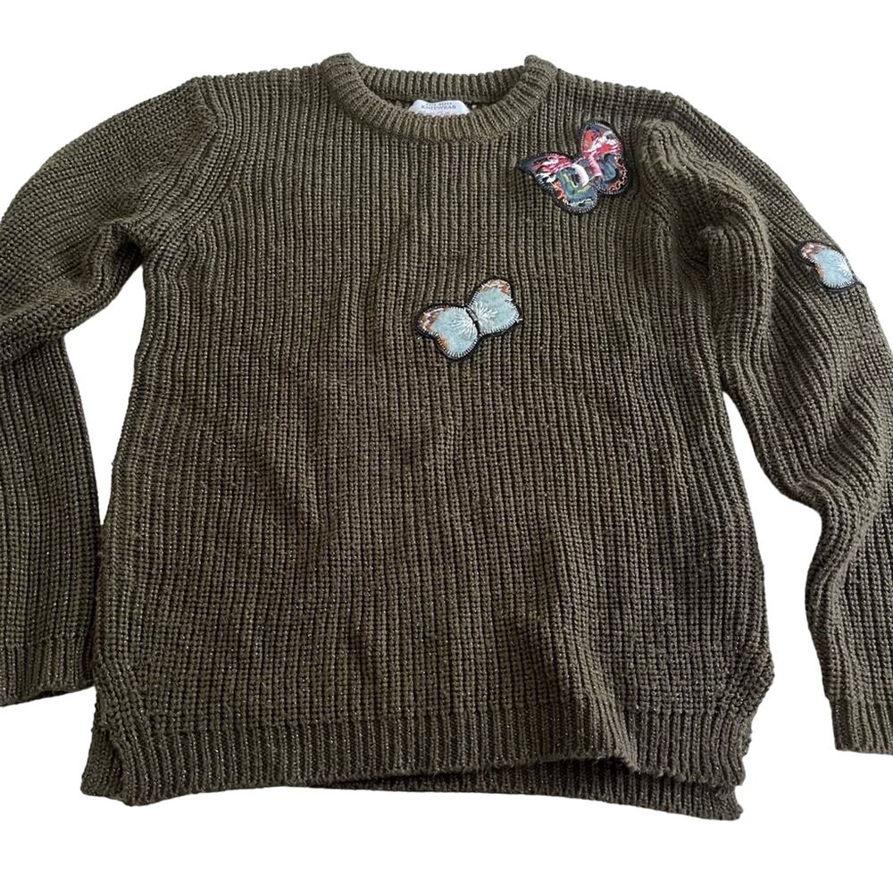 Zara girls green metallic knit ribbed sweater butterfly applique size 11/12